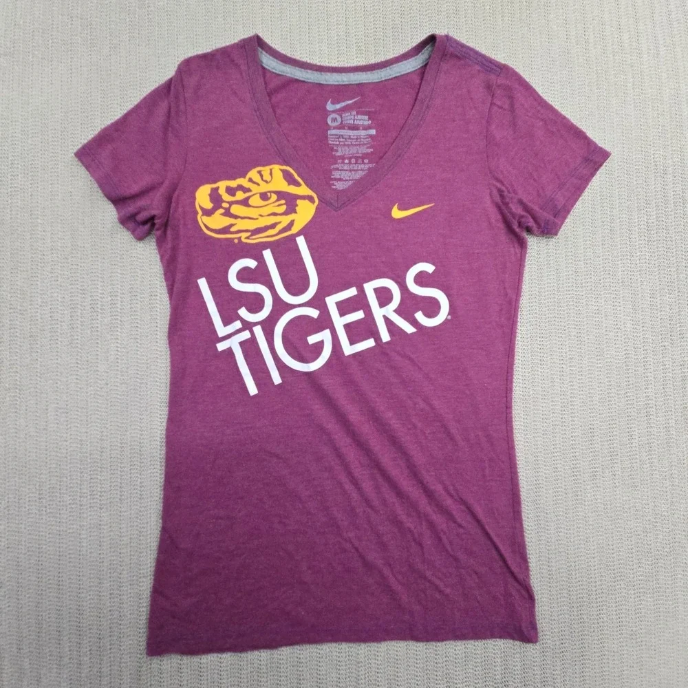 Nike LSU Tigers Shirt Womens Medium Purple V-Neck Short Sleeve SEC Football
